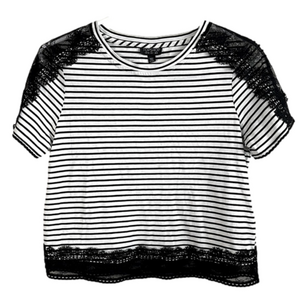 TOPSHOP Crop S/S Black White Stripe Lace NWOT T-Shirt Sz US 4